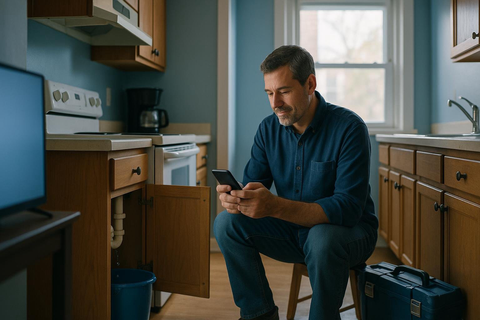 Landlord reviewing maintenance requests on a phone beside a leaky sink and toolbox