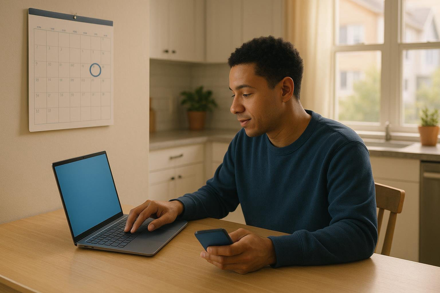 Renter checking a calendar and bank app while enabling rent autopay on a laptop