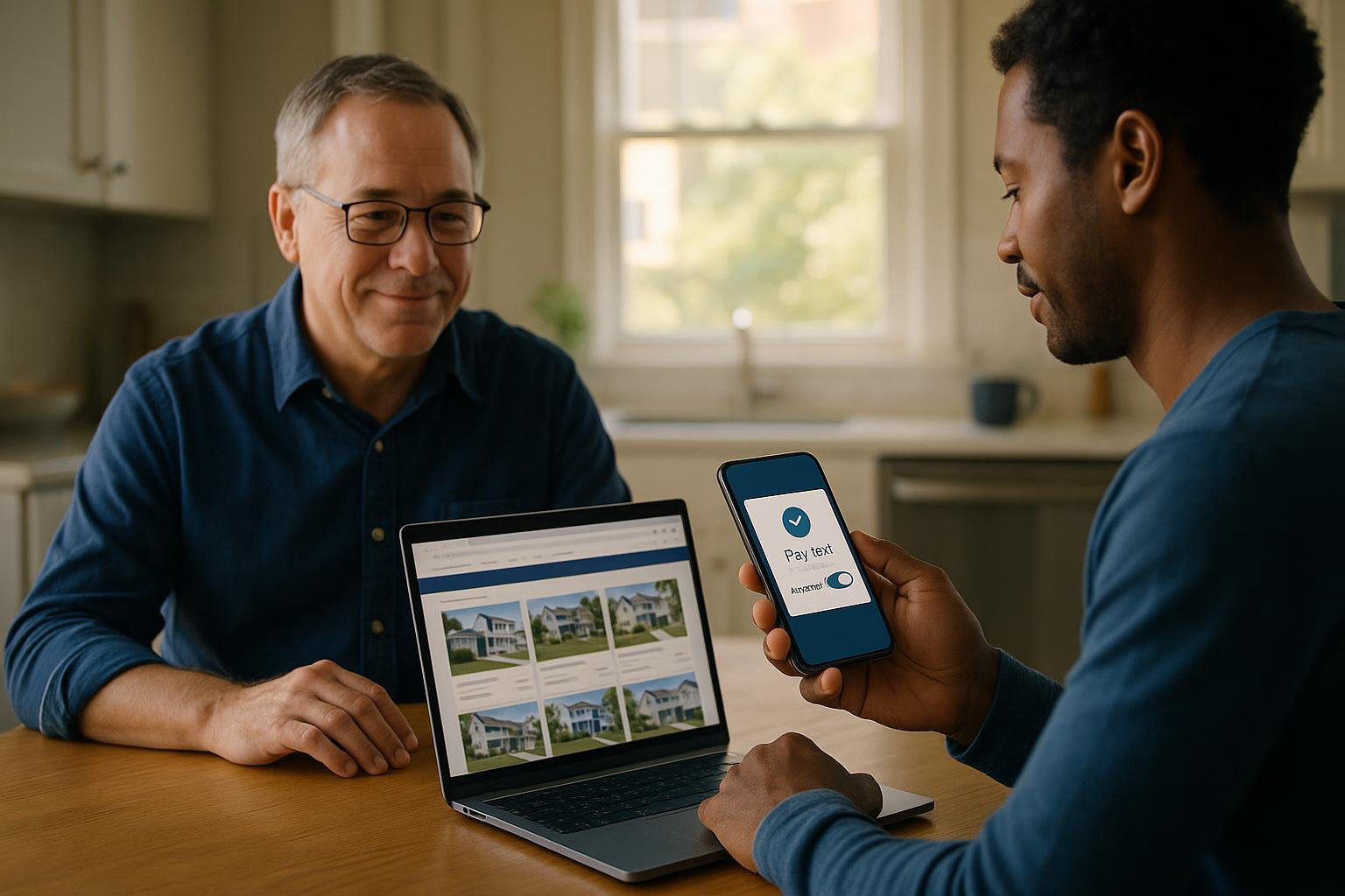 Small landlord setting up online rent collection on a laptop while a resident pays rent on a phone