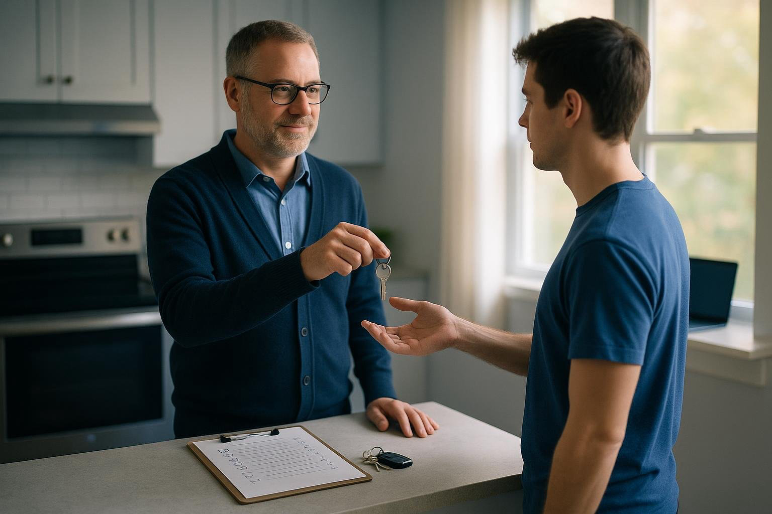 Landlord handing keys to a new tenant with a clipboard checklist on a kitchen counter