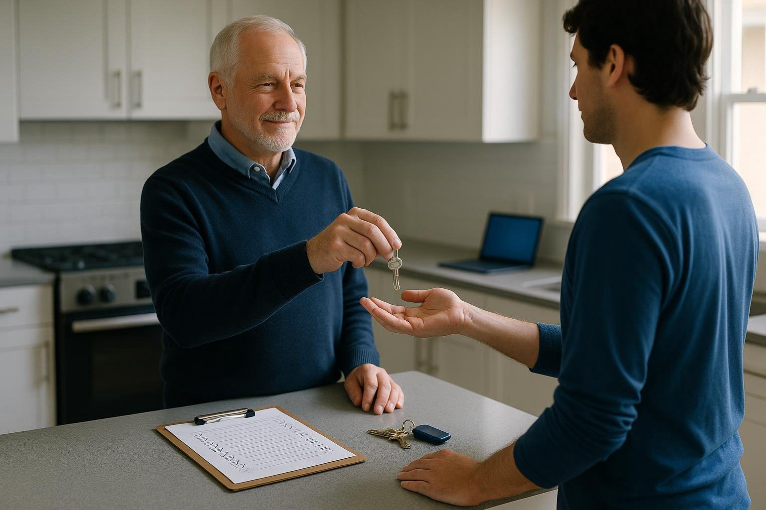 Landlord handing keys to a new tenant with a clipboard checklist on a kitchen counter