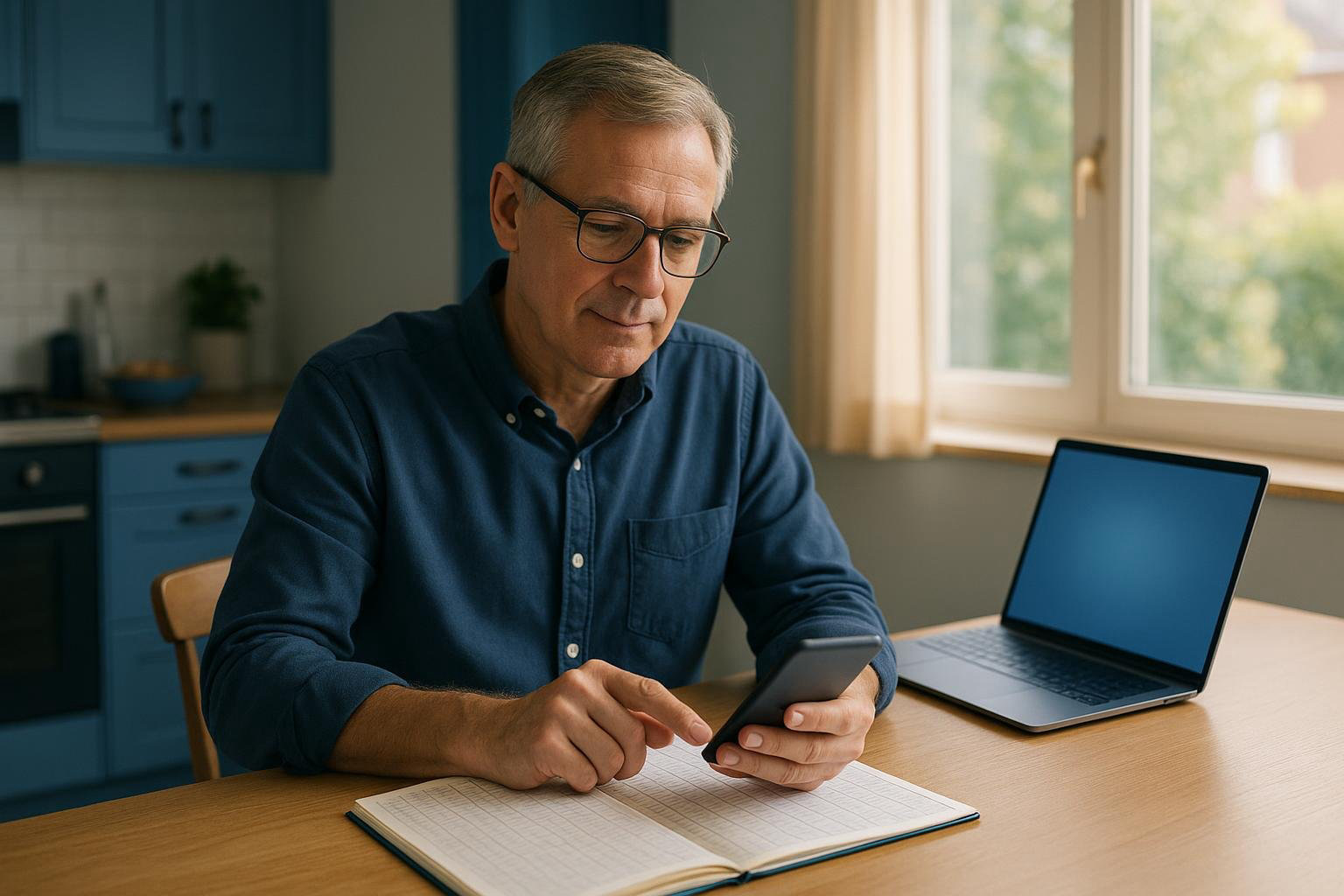 Landlord reviewing a rent ledger and sending a polite rent reminder from a laptop at a kitchen table