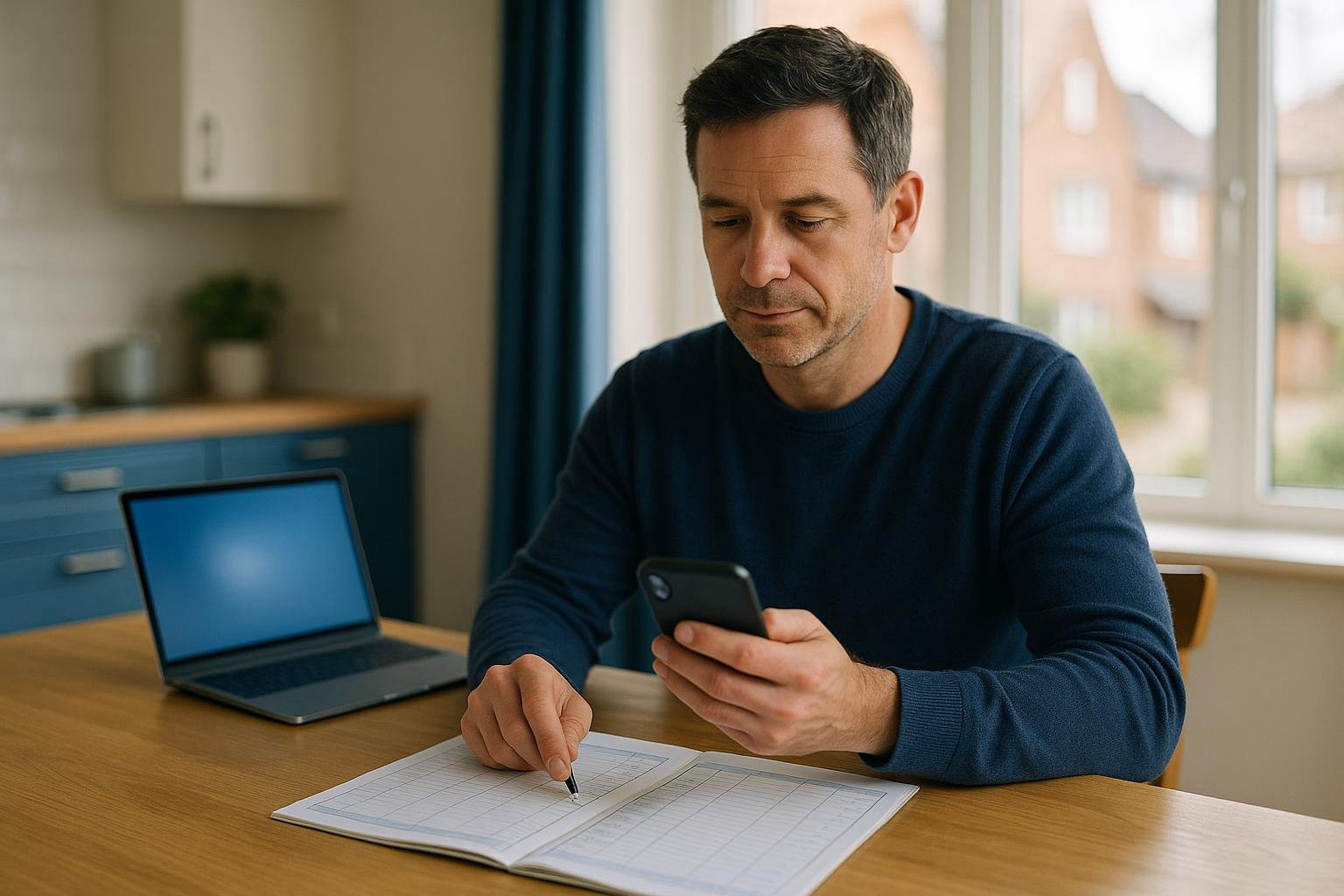 Landlord reviewing a rent ledger and sending a polite rent reminder from a laptop at a kitchen table